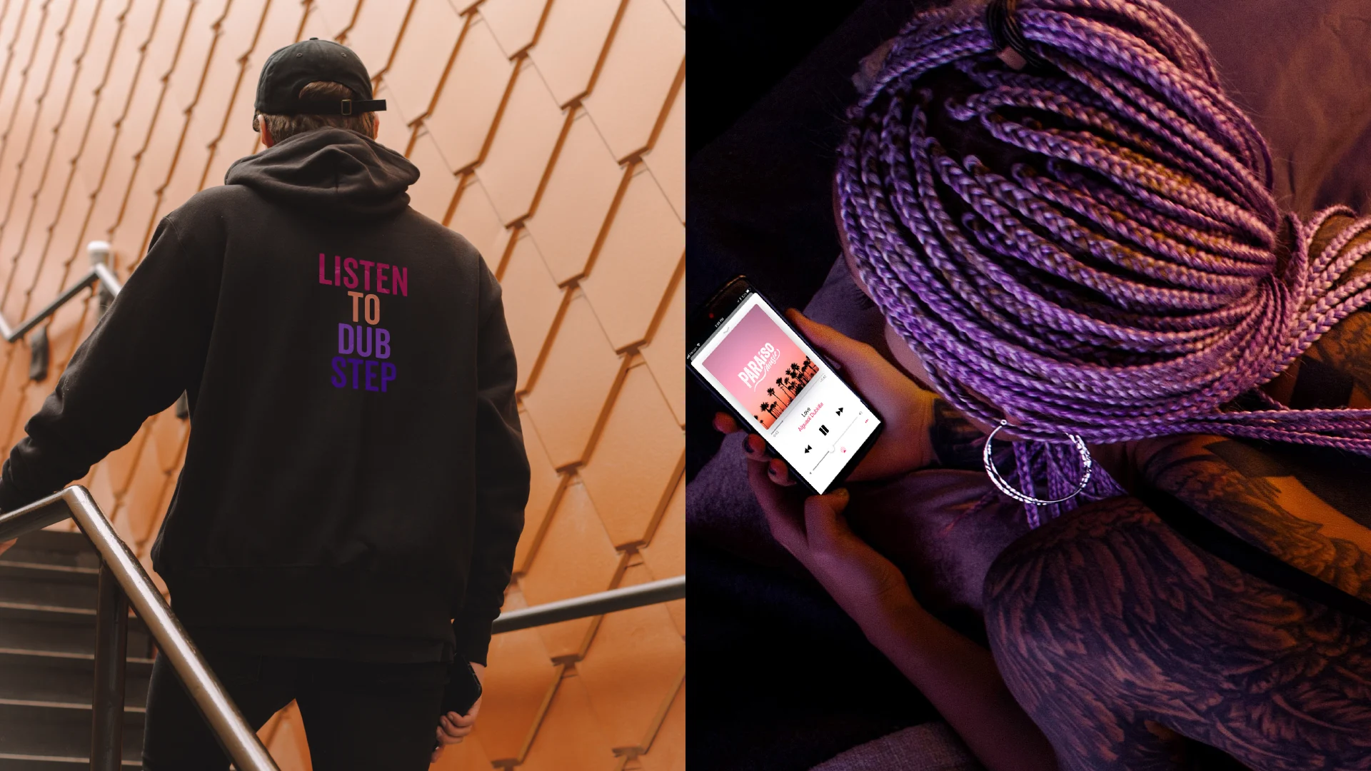 Paraíso Music – persona con hoodie de la marca y reproductor de música en el celular